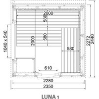 Luna 1 Außensauna mit Lärche-Fassadenprofile versch. Fenstergrößen und Inneneinrichtung Luna 1 - Fenster (BxH): 1040 x 540 mm - Infraworld von INFRAWORLD