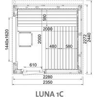 Luna 1 Außensauna mit Lärche-Fassadenprofile versch. Fenstergrößen und Inneneinrichtung Luna 1C - Panorama-Fenster (BxH): 1440 x 1620 mm, Türe von INFRAWORLD