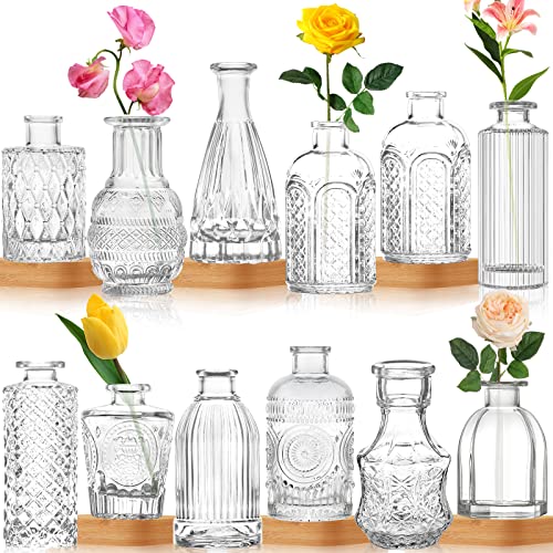 Glasvase, 12 Stück, kleine Glasvasen für Blumen, Vintage-Blumenflasche, kleine Knospenvasen für Blumenarrangements, dekoratives Tafelaufsatz, Tischdekoration, Heim-Hochzeitsfeier von INFTYLE