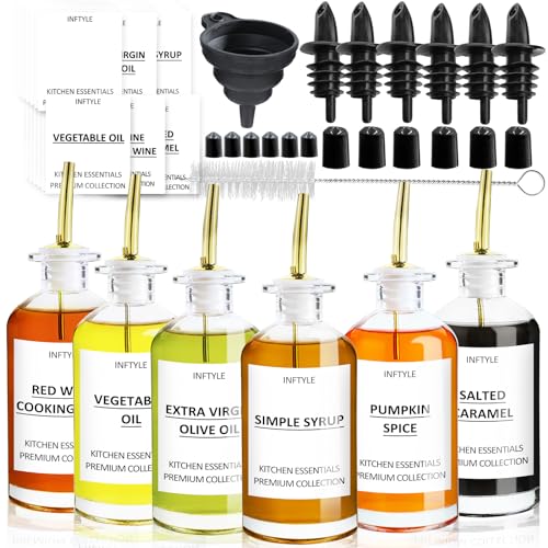 INFTYLE 340.2 g Olive Oil Dispenser Coffee Sirup Dispenser Bottle Set of 6, Glass Cooking Oil Bottle Dispenser for Kitchen, Mouthwash Container, with Metal Pour Spout, Trichter and Labels von INFTYLE