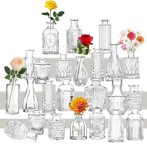 Kleine Vasen Set 24er Mini Vase Glas Vintage Hochzeit Kristalle Klare Blumenvase Verschiedene Groessen Modern Schmal Glasvasen Tischdeko Fur Blumen Deko Wohnzimmer Bad Muttertagsgeschenk von INFTYLE