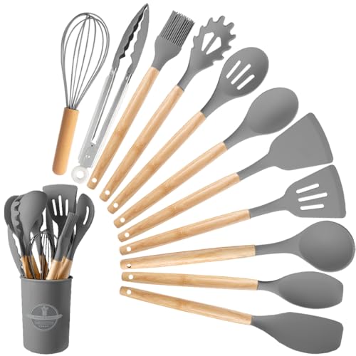 Küchenhelfer Set, 12-teiliges Silikon Kochutensilien Kochbesteck Set, Hitzebeständiger Kochgeschirr mit Utensilienhalter, Antihaft Kochset Küchenutensilien, Spülmaschinenfest (Gray) von INFTYLE