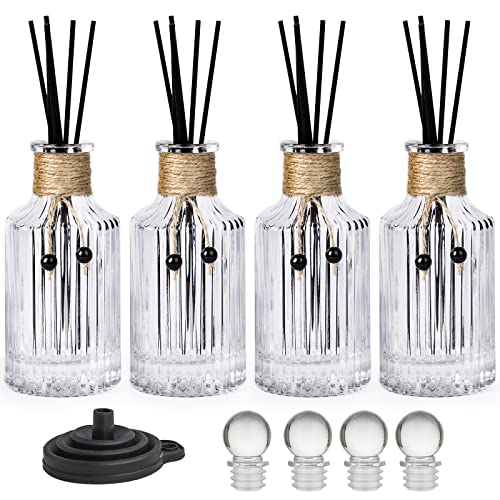 Schilf-Diffusor-Flasche Glas-Diffusor-Flaschen 250 ml Set mit 4 leeren ätherischen Ölen Glas-Diffusorflaschen mit Stopfen und Schilfstäben, transparent, dekoratives Flaschen-Set von INFTYLE