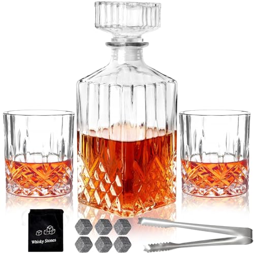 Whiskey-Dekanter-Set für Herren, 2 Whiskygläser und 1 Glaskaraffe mit Kühlsteinen, klares Whisky-Likör-Dekanter-Set für Whiskey, Bourbon, Rum, Männer, Vatergeschenk von INFTYLE