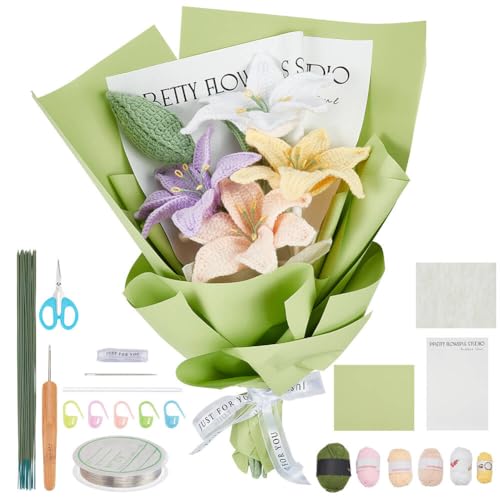INFUNLY 10 Stück Lilienblumen-Häkelsets Für Anfänger, Komplette Blumen-Häkelsets Für Erwachsene Und Kinder, Anfänger Mit Anleitung Und Video-Tutorials, Häkelset als Geschenk Zum Muttertag, Hochzeit, G von INFUNLY
