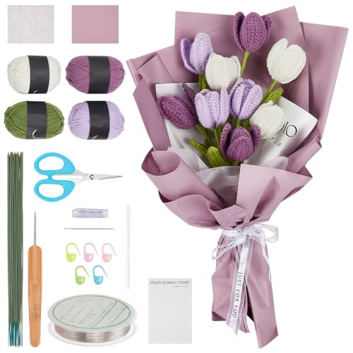 INFUNLY 10 Stück Tulpen-Häkelsets Für Anfänger, Komplette Blumen-Häkelsets Für Erwachsene Und Kinder, Anfänger Mit Anleitung Und Video-Tutorials, Häkelset als Geschenk Zum Muttertag, Hochzeit, Geburts von INFUNLY