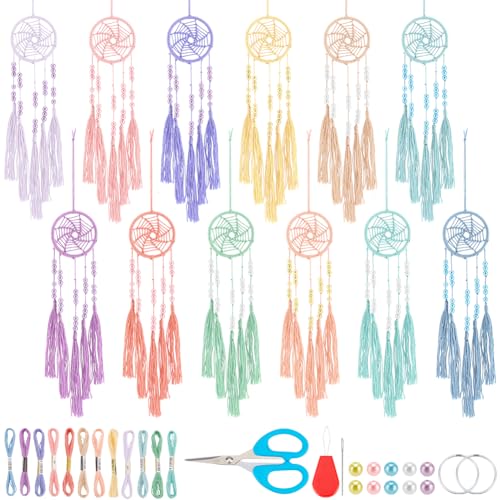 INFUNLY 12 Stück DIY Boho Mini Traumfänger Set In Regenbogenfarben Kleines Traumfänger Set für Anfänger Handgefertigte Traumfänger Mit Anleitung Wandbehang Ornament für Zuhause Schlafzimme von INFUNLY