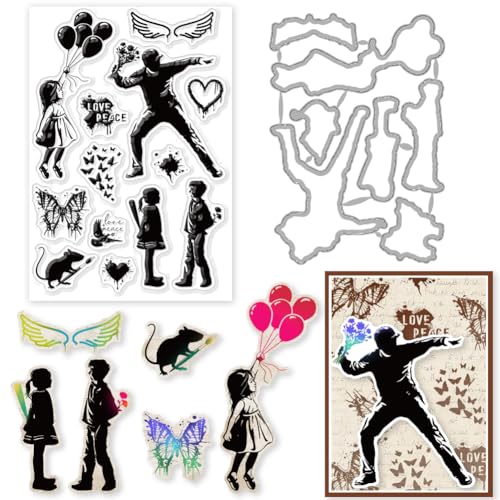 INFUNLY 2 Stück Ballon Blumen Stempel Und Stirbt Zum Karte Herstellung Banksy Straße Kunst Transparent Briefmarken Liebe Frieden Transparent Briefmarken Rahmen Sterben Schnitte Zum Diy Scrapbooking von INFUNLY