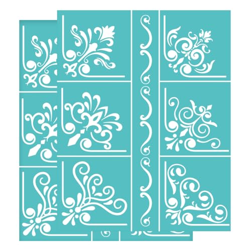 INFUNLY 2 Stück Eck-Spitzen-Siebdruck-Schablonen 8.5x11" wiederverwendbare Selbstklebende Siebdruck-Schablonen Eckblumen-Netz-Transfer-Schablonen Für Heimdekorationsdruck Auf Holz/Stoff/Wand/Platte von INFUNLY
