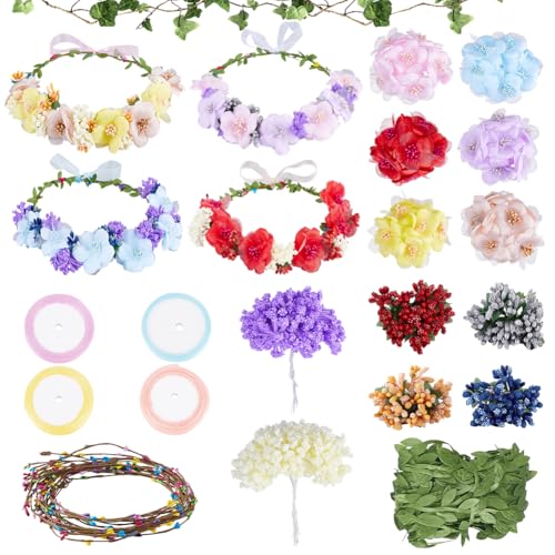 INFUNLY 20 Set Blumenkronen Bastelset Machen Sie Ihre Eigenen Blumen Beeren Kronenkranz Blütengirlande Stirnbänder Bastelset DIY Feen Schleierkraut Haarschmuck Für Geburtstagsfeier Hochzeitsdekor von INFUNLY