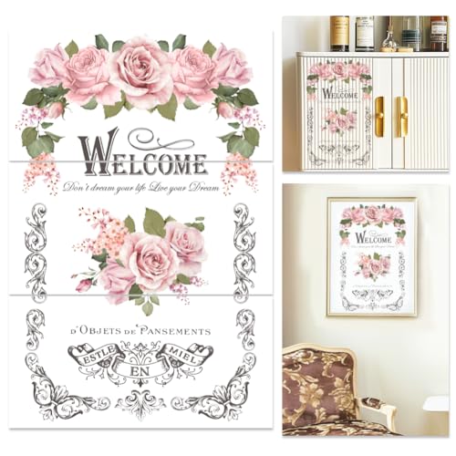 INFUNLY 3 Stück „Welcome“-Text, Selbstklebende Tapete, Rosen-Ecken-Wandkunst-Aufkleber, Abnehmbarer Möbelaufkleber, Wasserfest, PVC, 11.8x5.9 Zoll/30 cm X 15 cm, Für Zuhause, Wohnzimmer, Wandschrank-D von INFUNLY