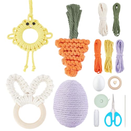 INFUNLY 4 Sets Kleine Makramee-Sets Für Erwachsene Und Anfänger Osterhasen-Makramee-Set DIY-Kaninchen-Karotten-Makramee-Herstellungsset Mit Schritt-Für-Schritt-Video-Anleitungen Für Heimdekoration von INFUNLY