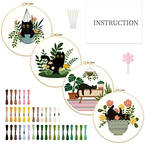 INFUNLY 4 Sets Stickset Mit Katzenmuster Stickset Für Anfänger DIY Anfänger-Katzen-Stickset Pflanze Katze Kreuzstich-Set Für Erwachsene Mit Kunststoff-Stickrahmen Fäden Und von INFUNLY