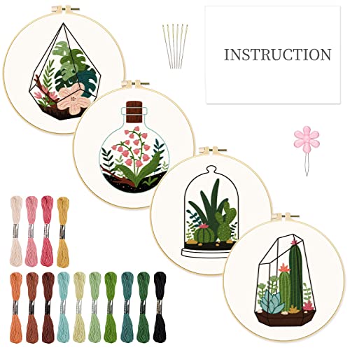 INFUNLY 4 -Stücke Pflanzensticker Starter -Starter -Kit für Anfänger Cactus Cross Stitch Kit für Erwachsene Vase Blumen geprägte Stiche Stickereien Nähen mit Mustern Anweisungen für DIY -Handwerks von INFUNLY