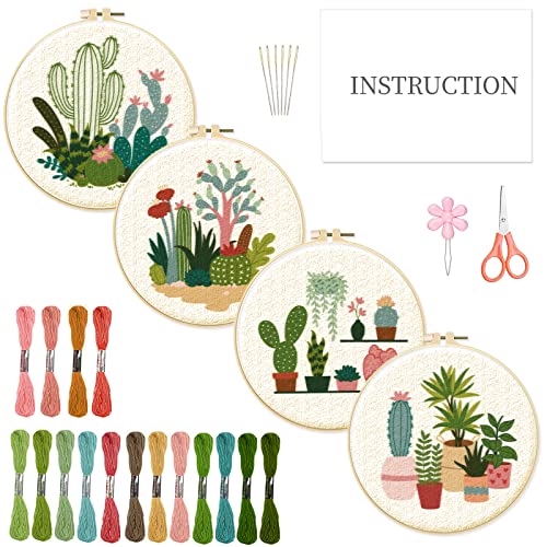 INFUNLY 4-Teiliges Kaktus-Stickset Stick-Starter-Sets Kaktus-Kreuzstich-Sets Für Erwachsene Gestempeltes Stickset Mit Mustern Stickset Für Anfänger Anleitung Im Lieferumfang Enthalten von INFUNLY