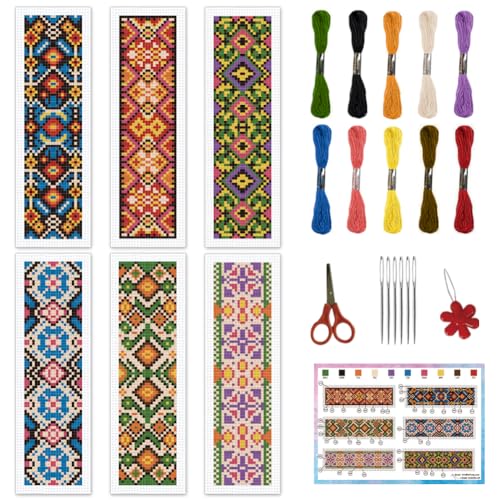 INFUNLY 6 STK Kreuzstich Lesezeichen Kit mit bunten Blumen für Erwachsene Checkered Blumen Ethnische Stickerei Lesezeichen Set Geometrische Muster Kreuzstich Kit mit Anweisungen für Buchliebhaber von INFUNLY