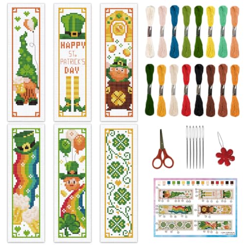 INFUNLY 6 Stück St. Patrick Lesezeichen Kreuzstich Kit Für Erwachsene 8.66"×3.15" Gnomen Stickerei Lesezeichen Set Regenbogen Kleeblatt Kreuzstich Set Mit Anleitung Geschenk Für Buchliebh von INFUNLY