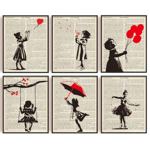 INFUNLY 6er Set Wandkunstdruck „Banksy Girl“ Ungerahmt Graffiti Poster Mit Rotem Ballon 8x10 abstrakte Moderne Leinwandgemälde In Schwarz Und Grau Für Wohnzimmer Schlafzimmer Büro Zimmerdekoration von INFUNLY