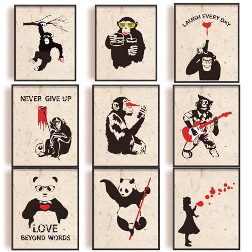 INFUNLY 9 Stück Banksy-Wandkunstdruck Ungerahmt Banksy-Gemälde Für Schlafzimmer Affen-Graffiti-Wandkunst Panda-Banksy-Leinwandbilder Banksy-Poster Für Wohnzimmer 8x10 inspirierende Zitate Wandkunst von INFUNLY