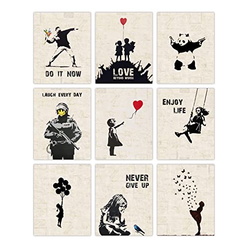 INFUNLY 9er Set Banksy Wand Kunstdruck Ungerahmt Graffiti Street Leinwand Wandkunst Inspirierende Zitate Panda Bild Abstrakt Street Pop Art Wandposter 8x10 für Schlafzimmer Wohnzimmer von INFUNLY