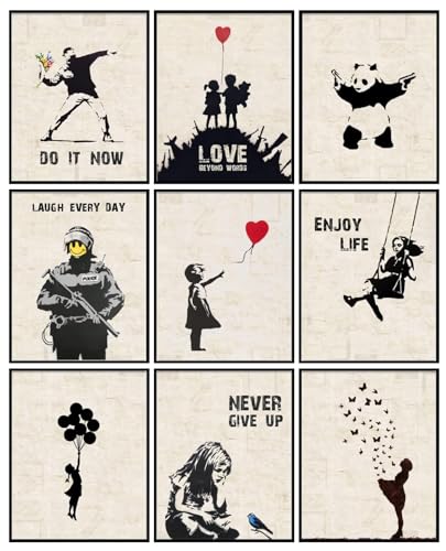 INFUNLY 9er Set Banksy Wand Kunstdruck Ungerahmt Graffiti Street Leinwand Wandkunst Inspirierende Zitate Panda Bild Abstrakt Street Pop Art Wandposter 8x10 für Schlafzimmer Wohnzimmer von INFUNLY