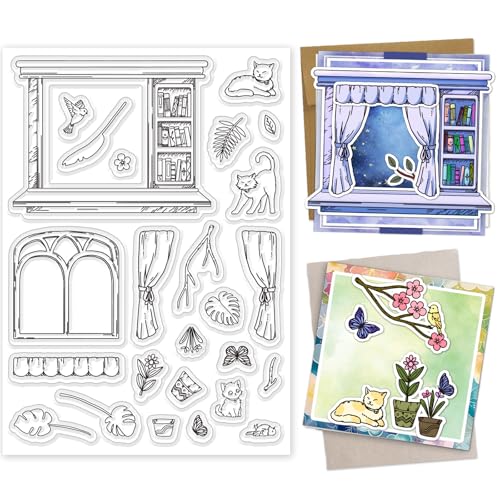 INFUNLY Bunte Fenster-Stempel Größe A4 Vintage-Fenster Schreibtisch-Stempel Retro-Fensteransichten Silikonstempel Katzen- Und Blumen-Silikonsiegel Stempel Für Kartengestaltung DIY Scrapbooking Fotoalb von INFUNLY
