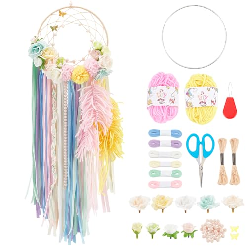 INFUNLY DIY Dream Catcher Making Kit handgefertigte Traumfänger für Wohnkultur Machen Sie Ihren eigenen Traumfänger mit Schmetterlingsblumen hängen Verzglände Gabe mit farbenfrohen Quastenband von INFUNLY