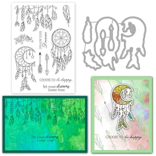 INFUNLY Dream Catcher Stempel und Matrizen Set für die Kartenherstellung Feder Blume Transparent Clear Stempel und Schneiden Die für DIY Craft Scrapbooking Ostern Grußkarte Dekor von INFUNLY