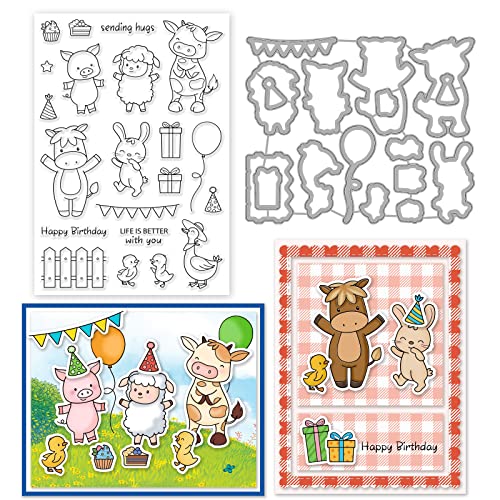 INFUNLY Farm Animal Klare Stempel Und Stanzformen Set Cattle Rabbit Transparente Silic Stamps Tierform Happy Birthday Stanzform Für Die Kartenherstellung DIY Craft Scrapbooking Grußkarten-Dekoration von INFUNLY