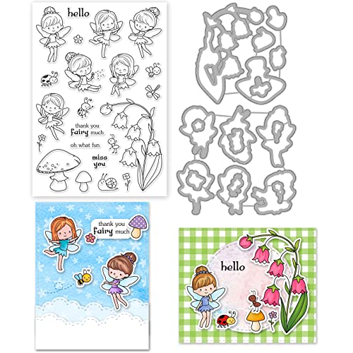 INFUNLY Feen-Stempel Und Stanzschablonen-Set Für Die Kartenherstellung, Biene, Blume, Transparente Silic-Stempel, Pilz-Stanzform, Für DIY, Basteln, Scrapbooking, Ostern, Grußkarten-Dekor von INFUNLY