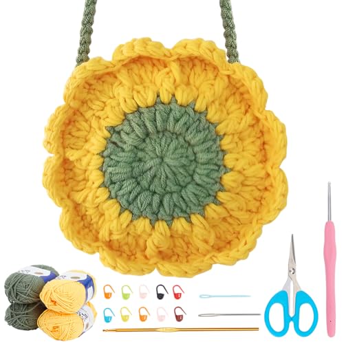 INFUNLY Gehäkelte Sonnenblumentasche Sonnenblumen Häkelsets Für Anfänger Komplettes Blumen Häkelset Für Erwachsene Kinder Anfänger Mit Anleitung Und Video Tutorials Häkelset als Geschenk Zum Muttertag von INFUNLY
