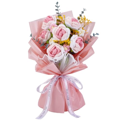 INFUNLY Gehäkelter Blumenstrauß Rosa Farbverlaufende Rosen Gehäkelte Blumen Gestrickte Blumensträuße Künstliche Blumen Fertig Für Frauen Mädchen Muttertag Geburtstag Hochzeit Abschlussfeier Geschenke von INFUNLY