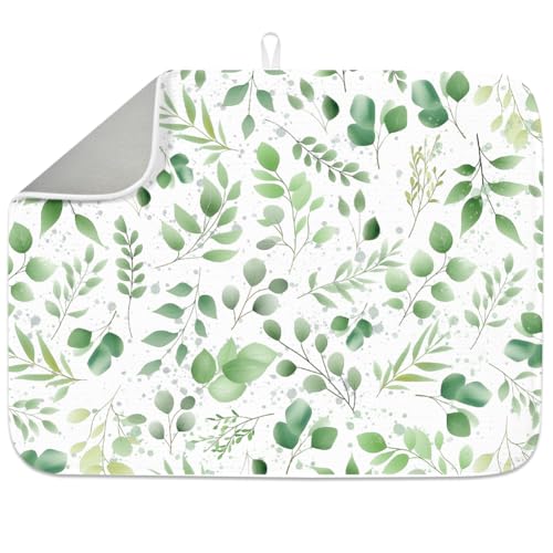 INFUNLY Abtropfmatte Mit Grünen Blättern Für Die Küchentheke 18" x 24" Pflanzenblätter Saugfähige Abtropfmatte Groß Modern Hitzebeständig Kaffeebar Matte Für Tisch Wasserhahn Spüle Kaffeebar von INFUNLY
