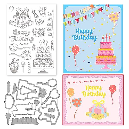 INFUNLY Happy Birthday Clear Stamps und Sterben Luftballons Briefmarkenstempel Stempel Metall Schneiden für Kartenherstellung Versiegelungssets für Weihnachten Thanksgiving DIY Scrapbooking von INFUNLY