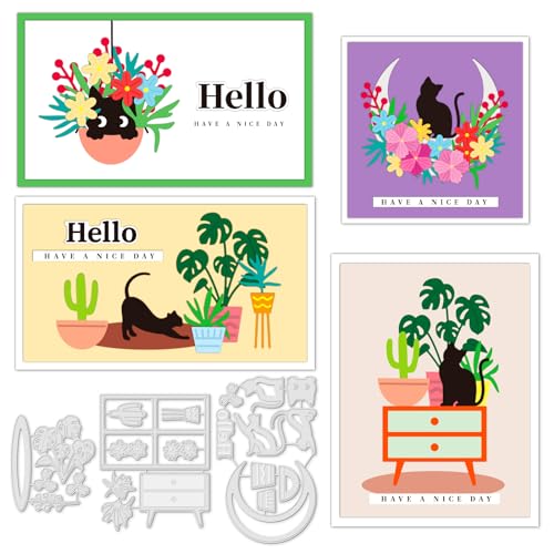INFUNLY Metallrahmen-Stanzformen für Kartenherstellung: Mond, Blumen, Blumentopf, Katzen & Pflanzen-Muster, Prägeformen für DIY, Scrapbooking, Papier, Basteln, Album-Dekor von INFUNLY