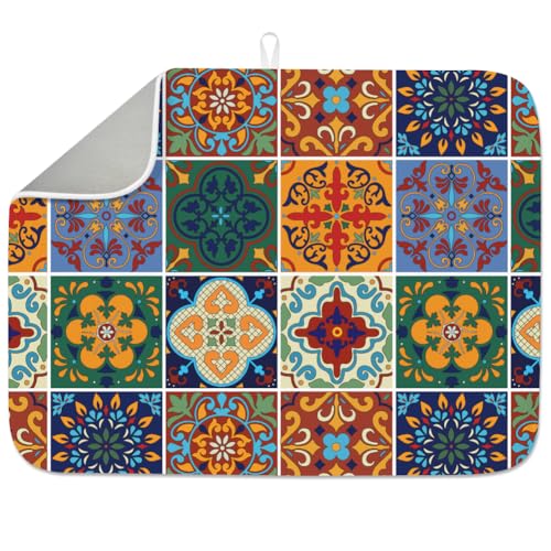 INFUNLY Mexikanischen Keramikfliesen Abtropfmatte Für Die Küchentheke 18"x 24" Mandala Fliesen Saugfähige Abtropfmatte Schnelltrocknend Hitzebeständig Kaffeebar Matte Für Tisch Wasserhahn Spüle Kaffee von INFUNLY