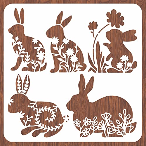 INFUNLY Osterhase Schablone für Malerei 11.8x11.8" Glücklich Frühling Blume Wand Schablonen Waschbar Kunststoff Hase Kaninchen Zeichnung Schablonen Malerei Schablonen auf Holz für DIY Zuhause Dekor von INFUNLY