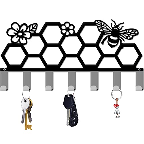 INFUNLY Schlüsselhalter Für Die Wand Bienenstock- Und Bienenmuster Wandhaken Dekoratives Schwarzes Metall-Organizer-Rack Mit 7 Haken Für Tasche Kleidung Schlüsselaufhängung Wanddekoration Biene von INFUNLY