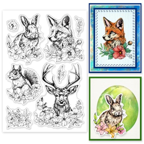 INFUNLY Transparente Stempel Mit Tieren Elch Für Die Kartenherstellung 6.3x4.3" wiederverwendbarer Blumen-Häschen-Silikonstempel Fuchs Eichhörnchen Transparente Siegelstempel Für Dekoration Und DIY S von INFUNLY