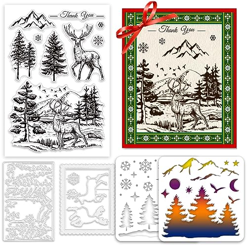 INFUNLY Weihnachtswald-Stempel Und -Stanzformen Für Die Kartenherstellung Weihnachtshirsch-Stempel- Und Stanzformen-Set Waldhirsch-Schablonen Für Die Kartenherstellung von INFUNLY
