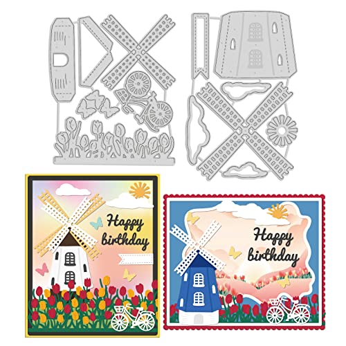 INFUNLY Windmühlen-Stanzschablone für Kartenherstellung, Bauernhaus-Stil, Tulpen und Blumen, Prägeschablone für Scrapbooking, Papierbastelalbum, Briefmarken, DIY-Dekoration von INFUNLY