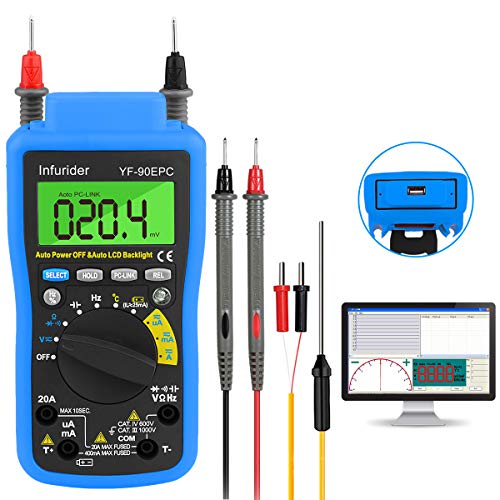 INFURIDER Digital Multimeter,4000 zählt Auto-Ranging YF-90EPC Voltmeter Amperemeter für AC/DC Spannung und Stromstärke, Ohm, Kapazität, Temperatur, Batterietest mit USB-Verbindung zum Computer von INFURIDER