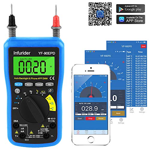 INFURIDER Digital Multimeter,Auto-Range mit 4000 Counts Bluetooth-Verbindung über dassd Telefon für AC/DC-Spannung, AC/DC-Strom, Widerstand, Kapazität, Temperatur, Hz, Batterietest von INFURIDER