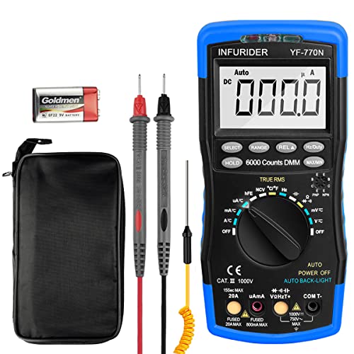 INFURIDER Digital Multimeter YF-770N,True RMS 6000 Counts Auto-Ranging Voltmeter Amperemeter Ohmmeter für DC AC-Spannung und Strom/Kapazität/Hz/Temperatur/Diodentest mit Mechanischem Schutz von INFURIDER