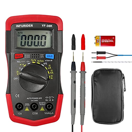 INFURIDER Multimeter Digital YF-36K, Auto-Range Voltmeter Amperemeter Ohmmeter, 4000 Zähler Spannungsprüfer misst Spannung, Strom, Temperaturmessung, Diode zum Durchgangsprüfer von INFURIDER