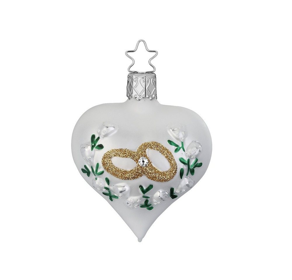 INGE-GLAS® Christbaumschmuck, Christbaumschmuck Glas 7cm Herz mit Ringen und Rosen 1 Stück weiß von INGE-GLAS®