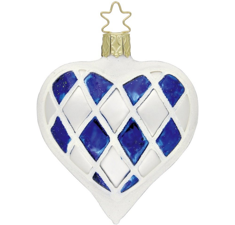 INGE-GLAS® Christbaumschmuck, Christbaumschmuck Glas Herz 8cm Rauten / Bayrisch 1 Stück weiß - blau von INGE-GLAS®