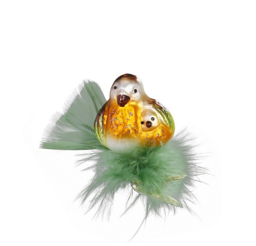 INGE-GLAS® Christbaumschmuck, Christbaumschmuck Glas Spatz mit Küken und Federn auf Clip 5,5cm Gelb von INGE-GLAS®