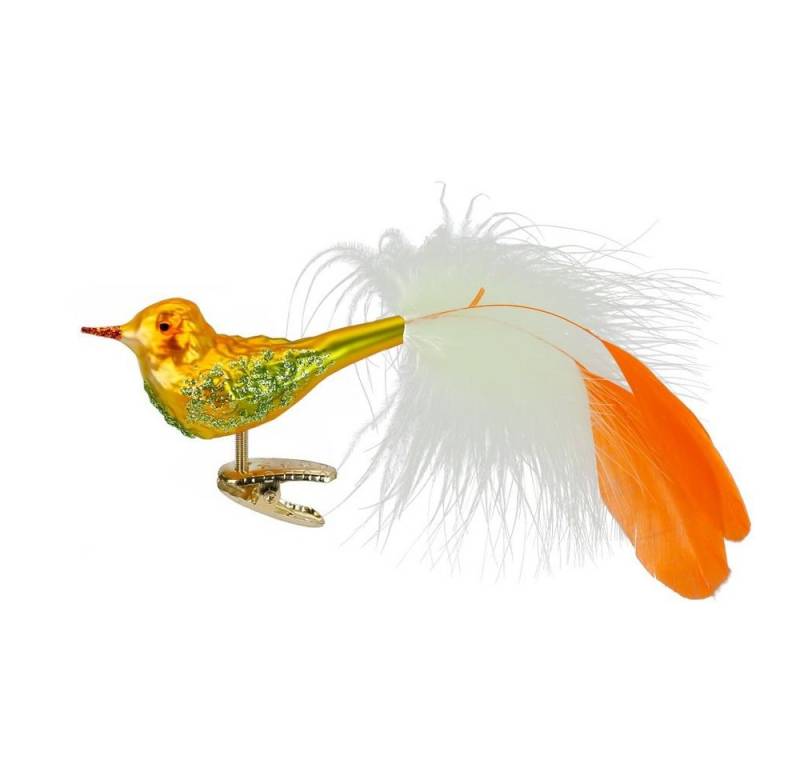 INGE-GLAS® Christbaumschmuck, Christbaumschmuck Glas Vogel mit Federn auf Clip 8cm Gelb Grün von INGE-GLAS®