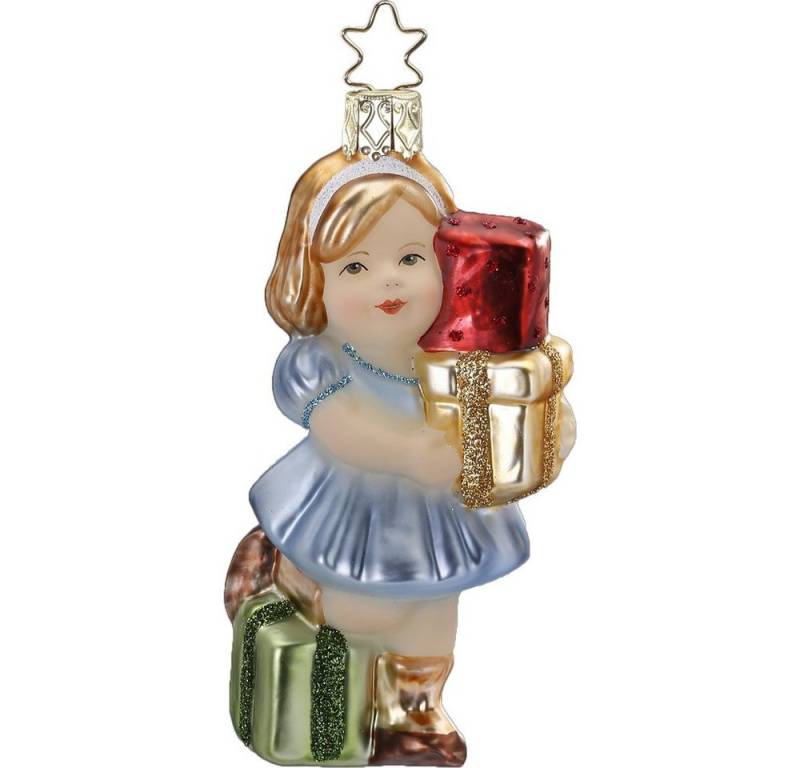 INGE-GLAS® Christbaumschmuck, Christbaumschmuck Mädchen mit Geschenken 11cm Glas Figur Blau / Bunt von INGE-GLAS®